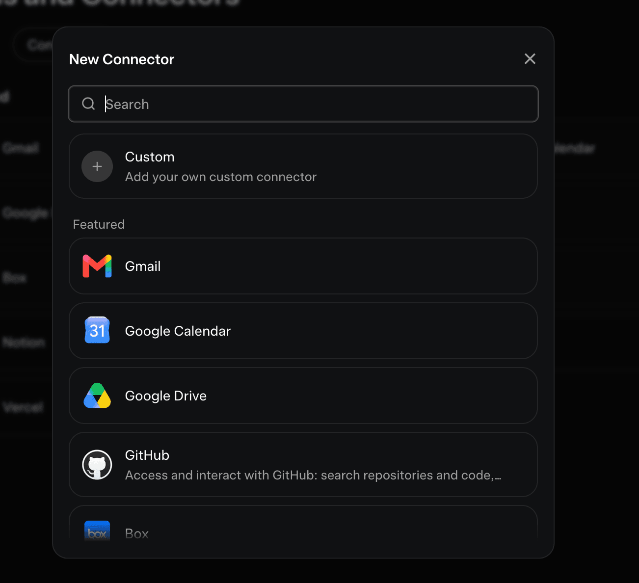 Grok's New Connector dialog, with the Custom option at the top above featured connectors like Gmail and Google Drive
