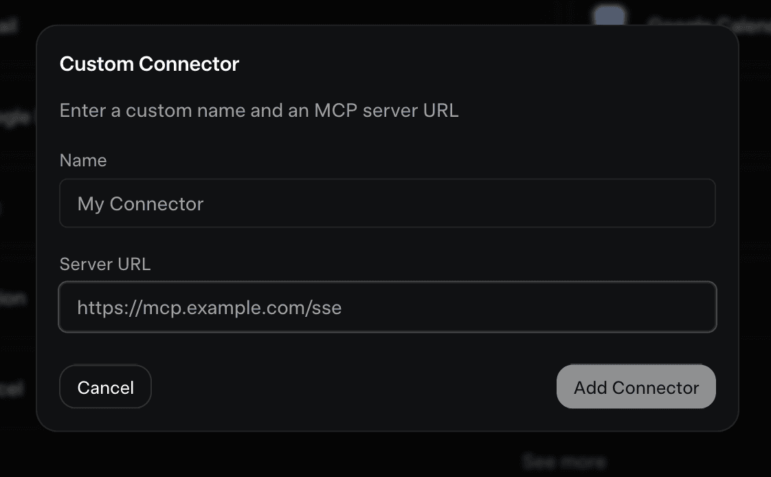 Grok's Custom Connector dialog with a Name field and a Server URL field