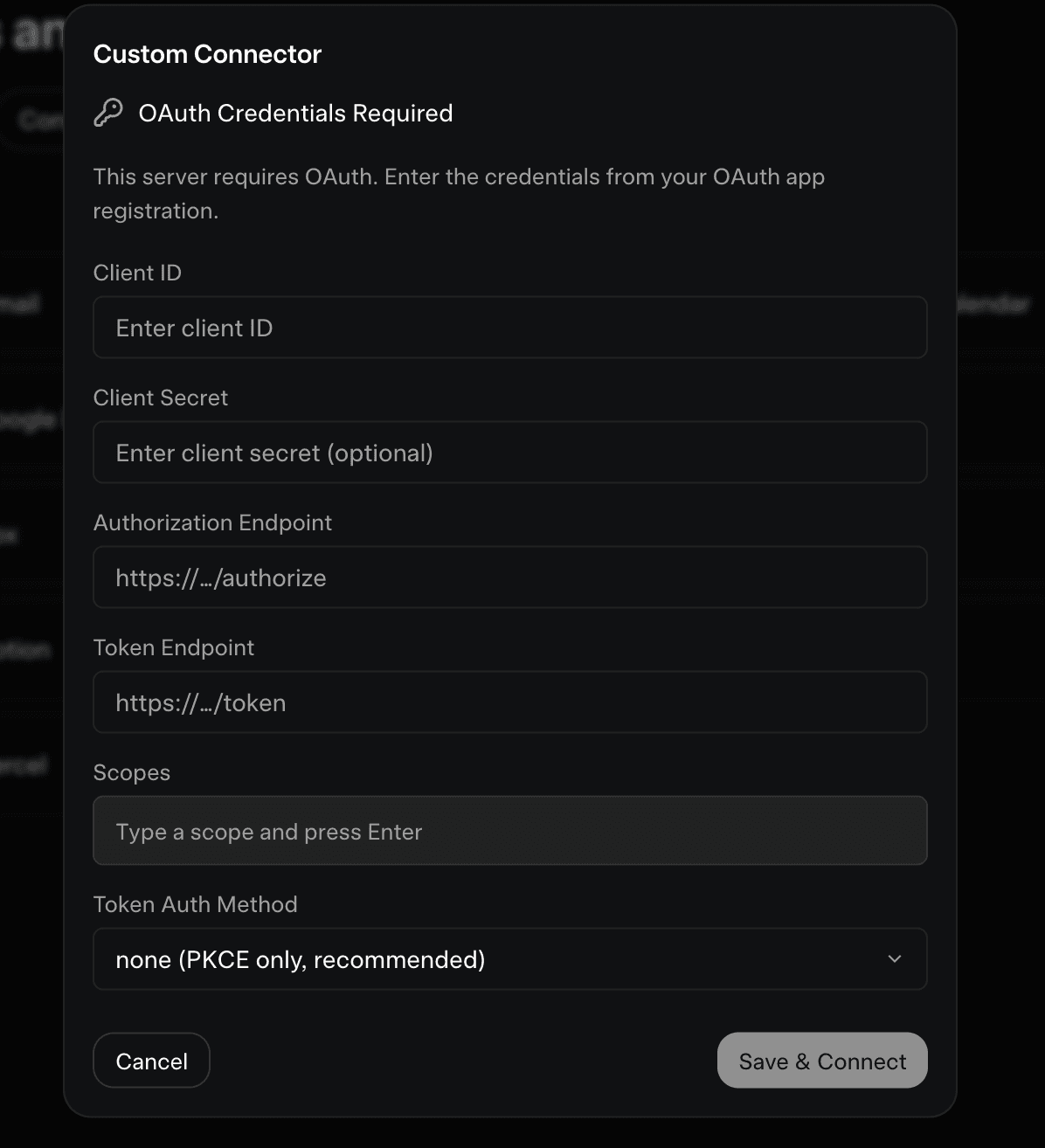 Grok's OAuth Credentials Required dialog asking for Client ID, Client Secret, Authorization Endpoint, Token Endpoint and Scopes